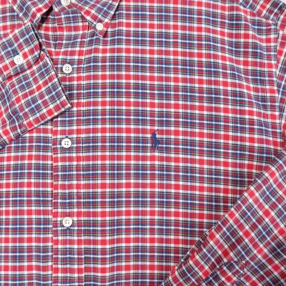 Ralph Lauren Blaire Mens Large Red Navy Plaid Cotton Button Down Shirt L 0317